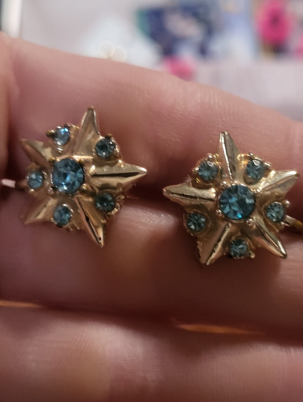 Vintage 1950s Mid Century Atomic Starburst Screw Backs Aqua Blue Rhinestones